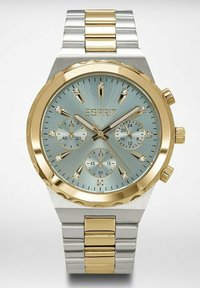 Orologio cronografo Esprit con bracciale in acciaio inossidabile bicolore. Quadrante blu chiaro, dettagli dorati e indici delle ore decorati con cristalli.