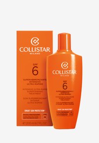 Bouteille et boîte de crème solaire Collistar SPF 6, toutes deux oranges, avec du texte noir affichant les détails du produit et le logo, de forme arrondie élégante, taille de 200 ml.