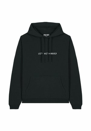 Black hoodie with a kangaroo pocket, drawstring hood, and "LET'S GET MARRIED" text in white. Soft fabric with ribbed cuffs and hem.