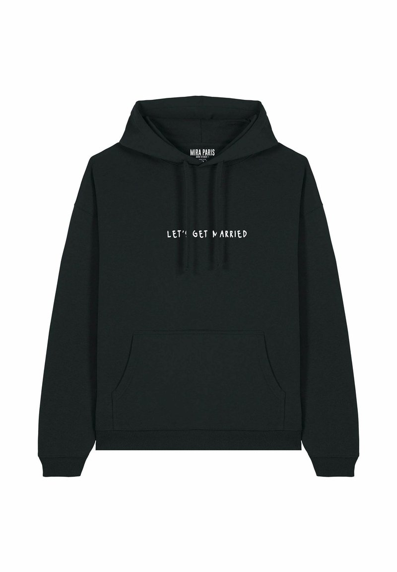 Fekete kapucnis pulóver kenguru zsebbel, húzózsinóros kapucnival és fehér "HÁZASSÁGRA HÍVUNK" felirattal. Puha anyag, bordás mandzsettákkal és szegéllyel.