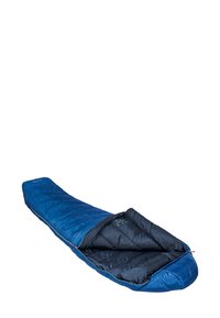 Blaue Schlafsack mit einem konischen Design, ausgestattet mit gestepptem Isoliermaterial und einem Reißverschluss. Die Innenauskleidung ist dunkelblau und hat eine glatte Textur.