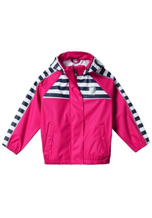 Child's bright pink hooded jacket with navy and white horizontal stripes on shoulders and sleeves, front pockets, and a small bear logo.