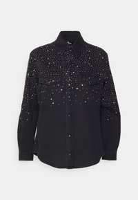 Black denim shirt with studded embellishments at the shoulders and upper front. Features a classic collar and button-down design.