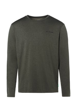 Donkergroene blouse met lange mouwen, gemaakt van zachte stof. Het heeft een ronde halslijn, een klein logo op de borst, platte naden en een ontspannen pasvorm.