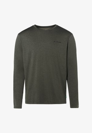 Donkergroene blouse met lange mouwen, gemaakt van zachte stof. Het heeft een ronde halslijn, een klein logo op de borst, platte naden en een ontspannen pasvorm.