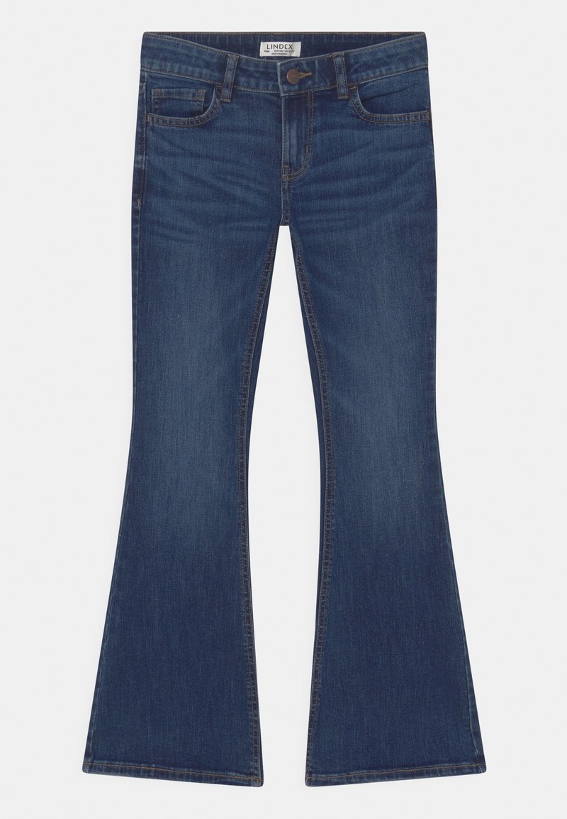 Jean évasé bleu foncé en denim, avec des poches avant, une fermeture à bouton unique et des surpiqûres contrastantes le long des coutures.