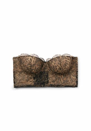 Leopard-print sheer bralette with padded cups, scalloped edges, and a decorative lace trim along the bottom. Lightweight and fitted design.