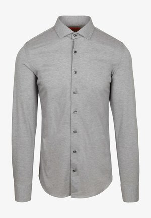 Men's long-sleeve grey dress shirt with buttoned front and collar, tailored fit, and smooth fabric texture.