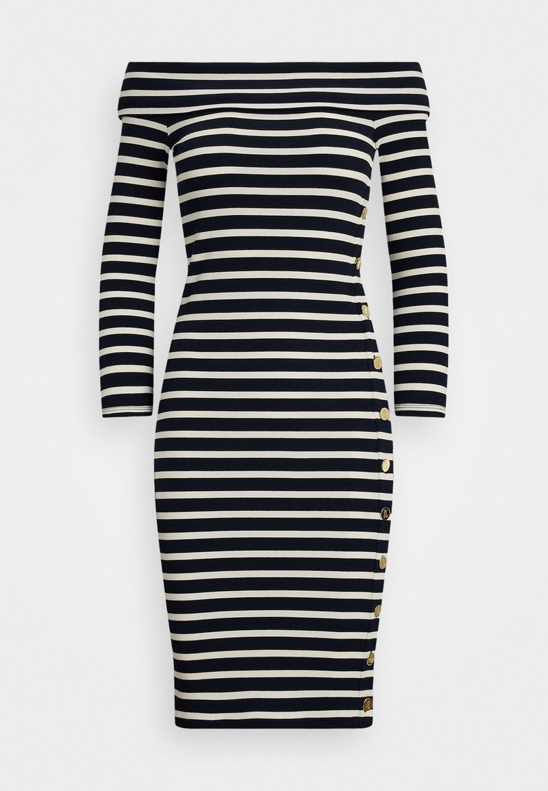 Lauren Ralph Lauren STRIPED RIBBED OFF THE SHOULDER DRESS - Shift dress -  lauren navy/mascarpone cream/dark blue