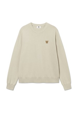 Sweat-shirt beige, col rond, poignets et ourlet côtelés, avec un petit logo "W" marron sur la poitrine. Tissu doux et texturé.