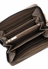 Brown leather wallet with a zip closure. Interior features multiple card slots and a zippered coin pocket. Smooth texture and minimal stitching.