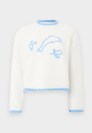 Witte gebreide sweater met lichtblauwe rand, met een lichtblauwe dolfijn en abstracte vormen geborduurd op de voorkant.