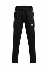 Zwarte sportbroek met witte zijstrepen, een elastische tailleband en het Under Armour-logo op de linker bovenbeen.
