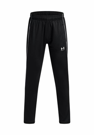 Zwarte sportbroek met witte zijstrepen, een elastische tailleband en het Under Armour-logo op de linker bovenbeen.