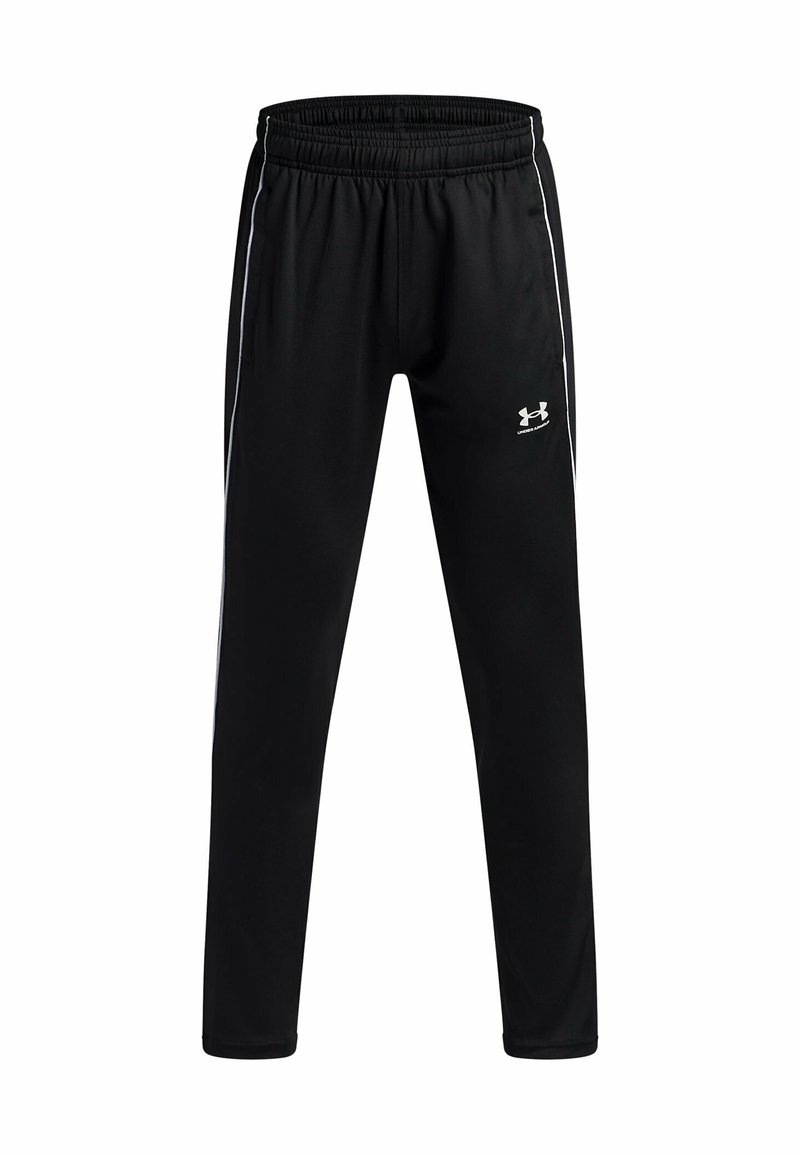Zwarte sportbroek met witte zijstrepen, een elastische tailleband en het Under Armour-logo op de linker bovenbeen.