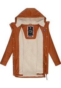 Water-resistant brown jacket with a fluffy cream lining, attached hood, snap buttons, and pockets. Features a label on the inner side.