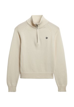 Crème-kleurige gebreide trui met ribbelige hoge kraag, halve rits, lange mouwen en klein zwart geborduurd logo op de linkerborst.