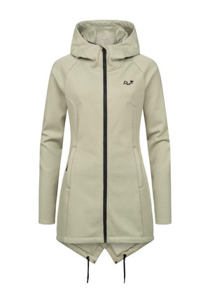 Beige long hooded jacket with front zipper, two side pockets, adjustable drawstrings at asymmetrical fishtail hem, and small black logo on chest.