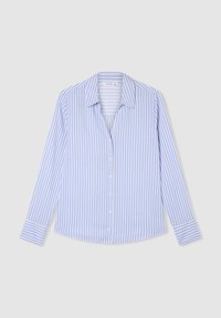 Camicia a maniche lunghe con colletto, a righe blu chiaro e bianche, con orlo dritto e bottoni bianchi. Tessuto dalla superficie liscia.