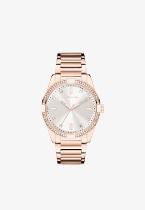 Roségouden horloge met een metalen schakelband, zilveren wijzerplaat en kristallen accenten rond de bezel. Minimalistische uurmarkeringen en wijzers.