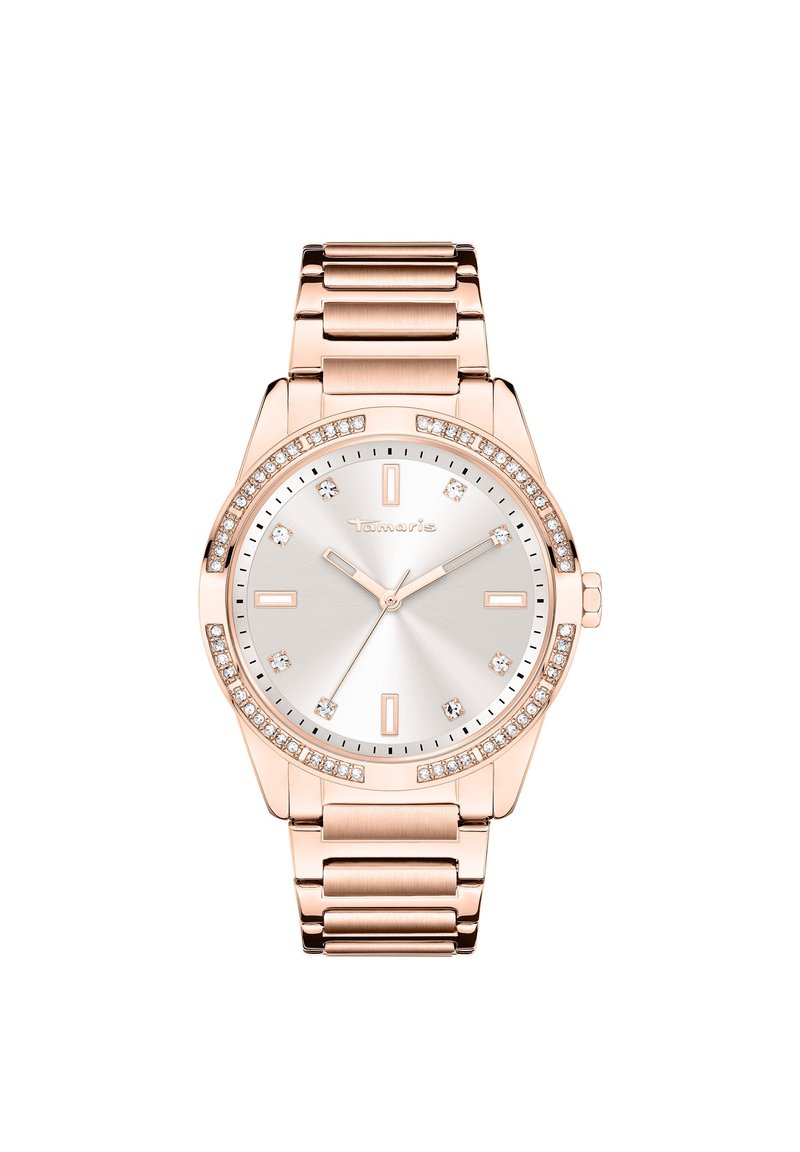 Roségoldene Uhr mit einem Metallgliedarmband, silbernem Ziffernblatt und Kristallakzenten um die Lünette. Minimalistische Stundenmarkierungen und Zeiger.