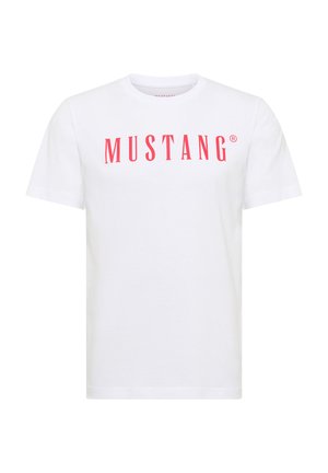White short-sleeve T-shirt with red "MUSTANG" text printed across the chest.