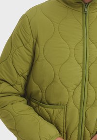 Geblokte groene pufferjack met een ritsluiting, voorzien van een golfpatroon en een voorzak. Zacht tissu met een matte afwerking.