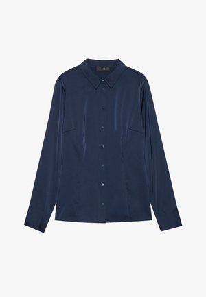 Navy blue long-sleeve shirt made of smooth fabric, featuring a button-up front, collar, and two chest pockets. Tailored fit with cuffs.