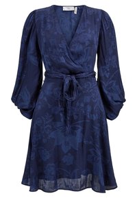 Robe portefeuille marine en tissu léger, dotée de longues manches bouffantes, d'un motif floral et d'une ceinture nouée pour un ajustement réglable.