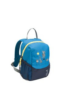 Kinder rugzak van felblauw stof met een gele rits, met dierenafbeeldingen en een marineblauwe onderkant, zijvak van mesh en grijze schouderbanden.