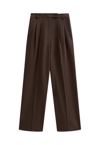Pantaloni brown a gamba larga con pince, vita piatta e passanti per la cintura; texture liscia e design sartoriale. Ideali per un abbigliamento casual o formale.