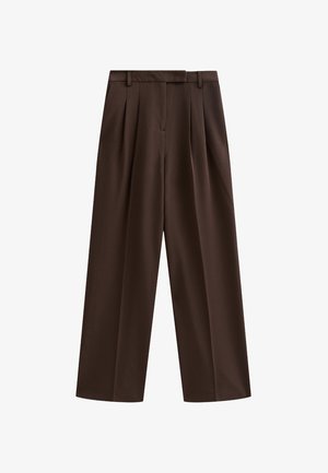 Pantaloni brown a gamba larga con pince, vita piatta e passanti per la cintura; texture liscia e design sartoriale. Ideali per un abbigliamento casual o formale.