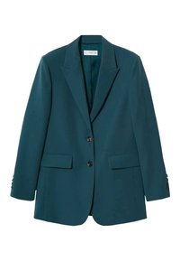 Blazer turchese realizzato in tessuto morbido, con rever a punta, due tasche frontali e chiusura a due bottoni con dettagli a tre bottoni sulle maniche.