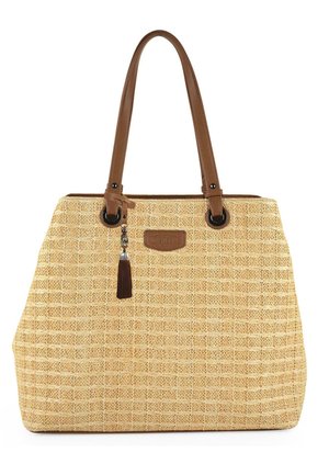 Bolso tote de paja trenzada en beige con asas de cuero sintético marrón. Presenta un adorno de borlas y una forma rectangular con un patrón texturizado.