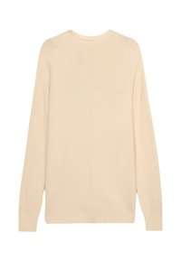 Beige gebreide trui met een ronde halslijn, lange mouwen en geribde manchetten. Heeft een schone achterkant met een gladde textuur en subtiele stikseldetails.