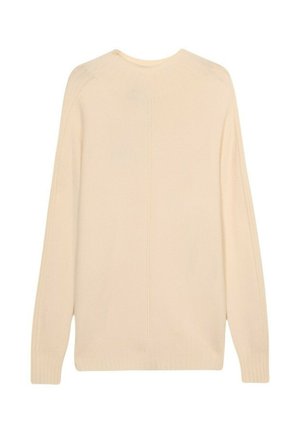 Beige gebreide trui met een ronde halslijn, lange mouwen en geribde manchetten. Heeft een schone achterkant met een gladde textuur en subtiele stikseldetails.