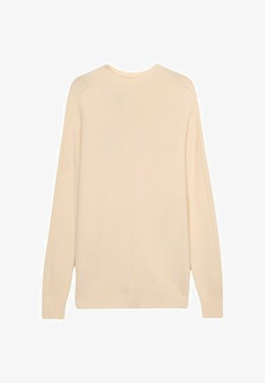 Beige knit sweater with a round neckline, long sleeves, and ribbed cuffs. Features a clean back with a smooth texture and subtle stitching details.