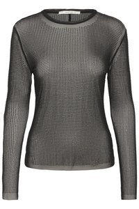 Zwarte, lange mouwen sheer mesh top met kleine zwarte versieringen en ronde halslijn, strakke pasvorm van het merk Gestuz.
