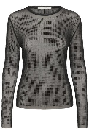 Melns, garām piedurknēm caurspīdīgs sieta tops ar nelieliem melniem rotājumiem un apaļu kakla izgriezumu, ciešs piegriezums no zīmola Gestuz.