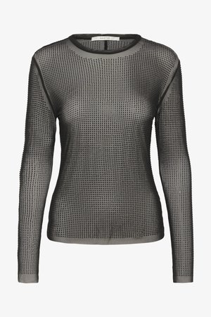 Črn, dolg rokav prosojen mrežast majica z majhnimi črnimi okrasnimi detajli in okroglim ovratnikom, slim fit blagovne znamke Gestuz.