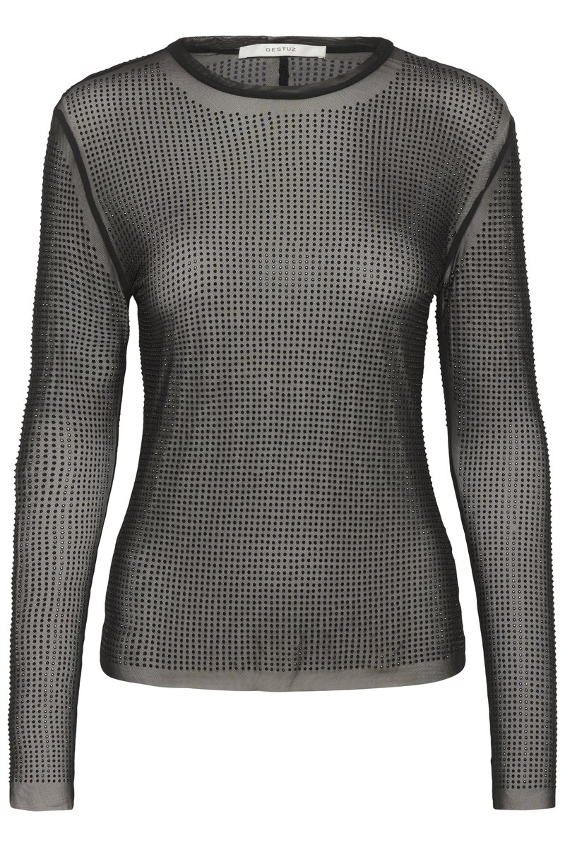 Schwarzes, langärmliges, transparentes Mesh-Oberteil mit kleinen schwarzen Verzierungen und Rundhalsausschnitt, Slim Fit von der Marke Gestuz.
