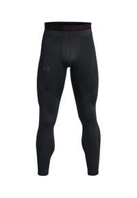 Leggings de sport noirs avec un motif texturé, une coupe près du corps et une taille élastique à motif avec des accents rouges.