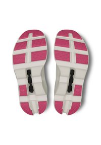 Schoenzool met een witte basis en opvallende roze accenten. Gelaagd patroon op de roze secties en een zwarte riem in het midden voor aanpassingen.