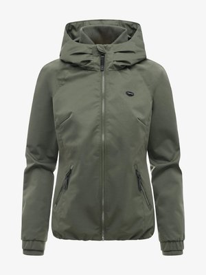 Olivengrøn hættejakke med lynlås foran, lynlåslommer i siderne, elastiske manchetter og lille sort logo på venstre bryst.