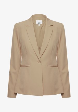 Blazer beige su misura con rever a punta, chiusura con un bottone, due tasche frontali e una texture di tessuto liscia. Etichetta del marchio: ICHI.