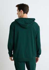Hanorac verde cu glugă, realizat dintr-un material moale, având mâneci lungi, o croială lejeră și un design simplu, fără modele sau accesorii vizibile.