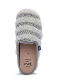Zachte, fuzzy grijs-witte gestreepte slipper met open achterkant, gevoerde inlegzool en Scholl merklabel aan de zijkant en onderzijde.