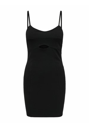 Robe noire ajustée en tissu extensible, dotée de fines bretelles et d'un détail découpé au niveau de la poitrine, avec un design épuré et minimaliste.