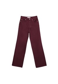 Bourgognefarvede jeans med brede ben i bomuld, der har en høj talje, fem lommer og guldfarvede metaldetaljer. Glat, tekstureret stof.