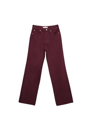 Bourgognefarvede jeans med brede ben i bomuld, der har en høj talje, fem lommer og guldfarvede metaldetaljer. Glat, tekstureret stof.